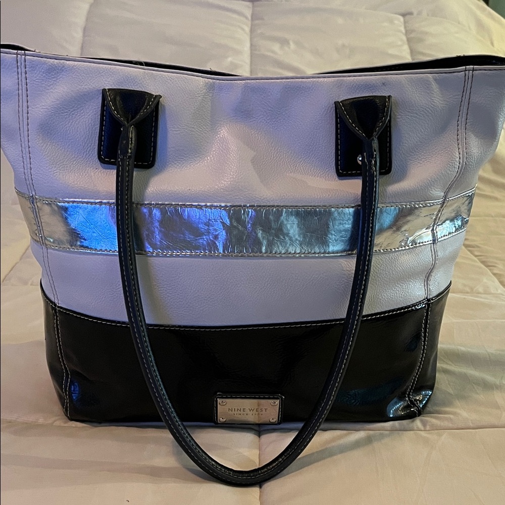 Nine West Snap Closure Black, White, & Silver Tote Bag